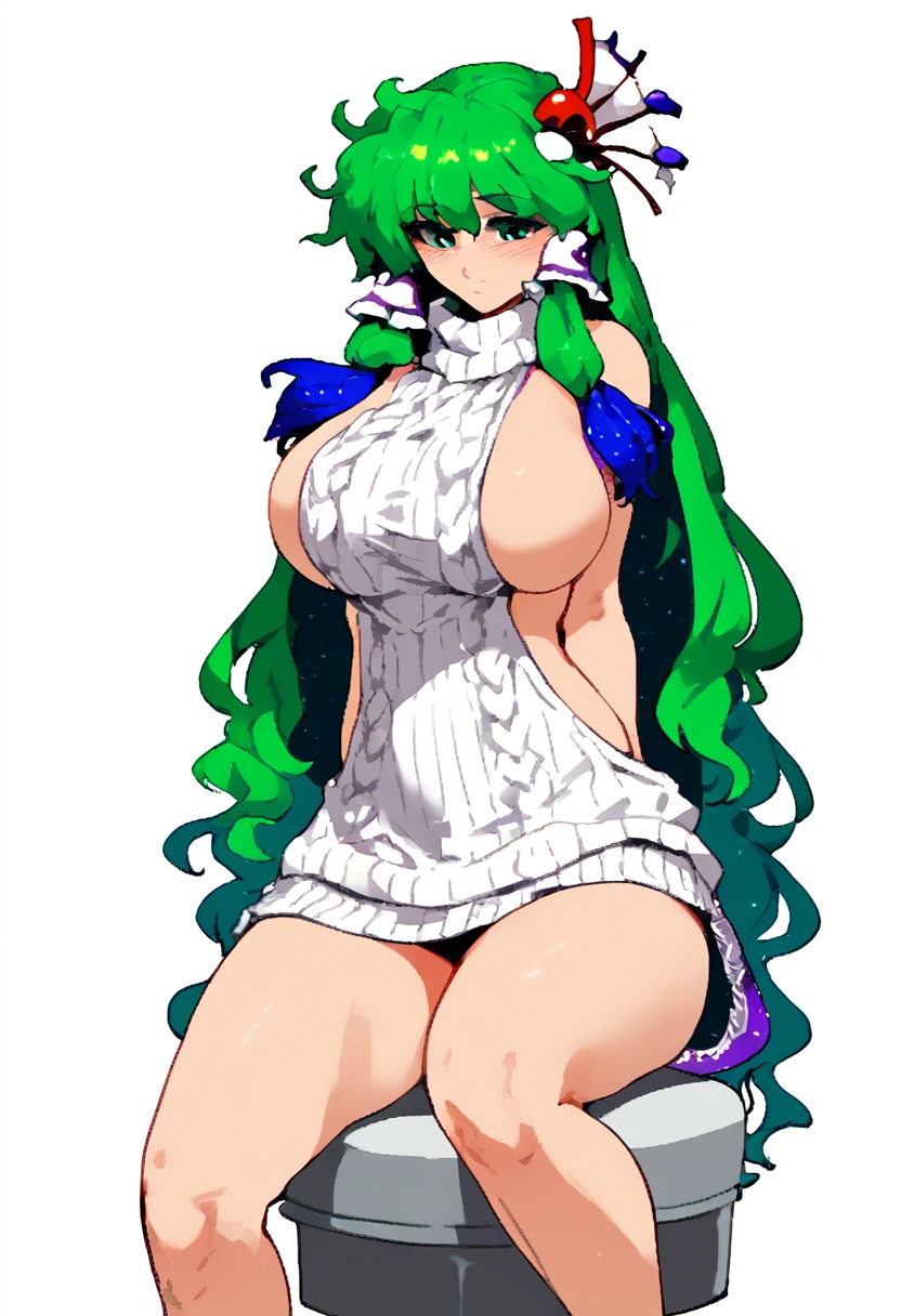 Expressive, score_9, score_8_up, score_9_up, Touhou, masterpiece, high quality, highly detailed, 1girl, kochiya sanae, solo, green hair, long hair, green eyes, long hair, big breasts, blush, round breasts,,,,,, frog hair ornament, hair tubes, snake hair ornament,,,, thin waist, sit on stool, white background,, virgin killer sweater,