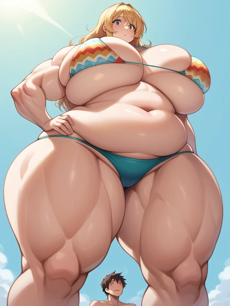 score_9, score_8_superior, score_7_superior, score_6_superior, sauce_anime, Low - Angle, From below, One girl, 1人のmaleの子, duo, big_female, small_male, size_difference, Are standing, Look down, break, obesity, break, Blonde, bikini, Huge breasts, Huge Ass, massive legs, Huge body, Muscular, maleを持ちsuperiorげる
