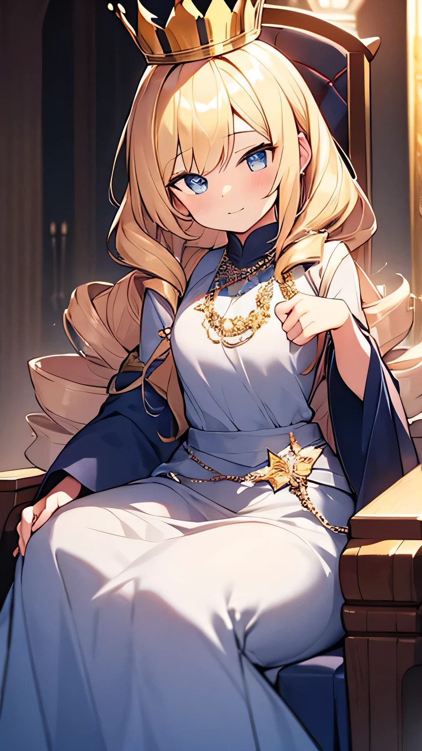 blonde hair, (quad drills), crown, sparkle, ((masterpiece)), accurate, high details, (detailed eyes), best quality, highres, super detail, European noblewoman, princess, sitting on the throne, Blue Sapphire Necklace, (Shining Throne), Long skirt, gorgeous and shiny dress