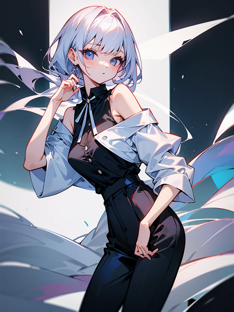 Slender beautiful girl、10th Generation、sleeveless Black blouse、Office、off shoulder、White LINE Design、pants style、
