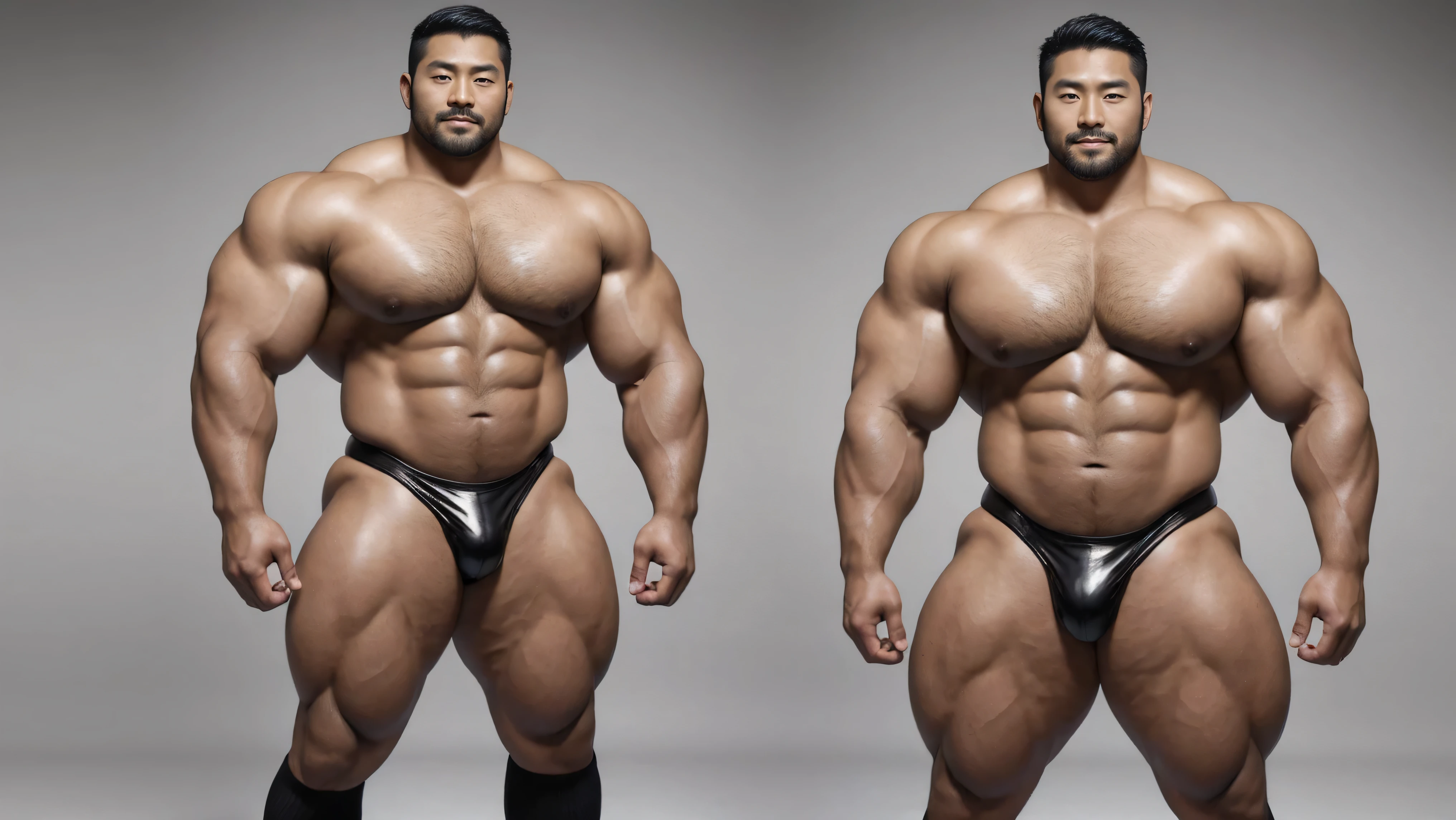 There is only one handsome Asian actor in the photo，35 years old，High target, Fitness，short hair, O-Shaped Beard，Perfect body, Dark skin color，Radiant Skin，Smooth skin，Muscle bulge, muscular, Very large pectoral muscles，Very sexy abdominal muscles，Very well-developed leg muscles，Huge concave and convex area，Brightens oily skin，Wearing black leather shiny thong，Handsome face， Correct and accurate male body proportions, Wear black socks，Standing on a gray background。
