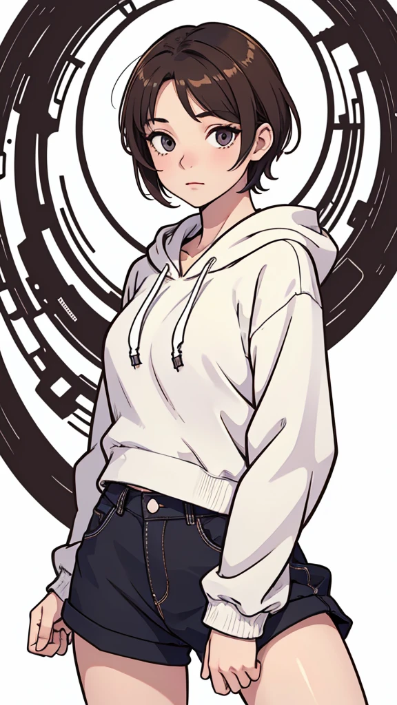 (((masterpiece, best quality, ultra highres, 1 girl, solo, no background))), super detailed skin and face and eyes and finger, beautiful japanese woman, small breasts:1.5, skinny, light brown hair, white background, very short pixie hair, (an illustration of girl), Knee shot, Generate with illustrations, Various expressions, Various poses, Please draw the entire character within the frame, ensuring that the head, arms, and legs are not cut off. The background should be simple, with the character positioned centrally, outline, anime, hoodie,