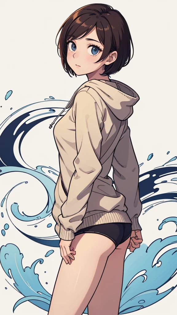 (((masterpiece, best quality, ultra highres, 1 girl, solo, no background))), super detailed skin and face and eyes and finger, beautiful japanese woman, small breasts:1.5, skinny, light brown hair, white background, very short pixie hair, (an illustration of girl), Knee shot, Generate with illustrations, Various expressions, Various poses, Please draw the entire character within the frame, ensuring that the head, arms, and legs are not cut off. The background should be simple, with the character positioned centrally, outline, anime, hoodie,