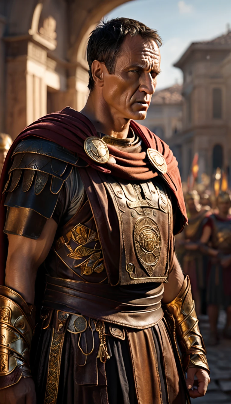 As the sun began to set, The warm golden color of the sun shone on his clothes, Produce an image depicting the moment when Julius Caesar uttered his last words, 'Et tu, Brute, background dark, hyper realistic, ultra detailed hyper realistic, photorealistic, Studio Lighting, reflections, dynamic pose, Cinematic, Color Grading, Photography, Shot on 50mm lens, Ultra-Wide Angle, Depth of Field, hyper-detailed, beautifully color, 8k, golden light from the front,