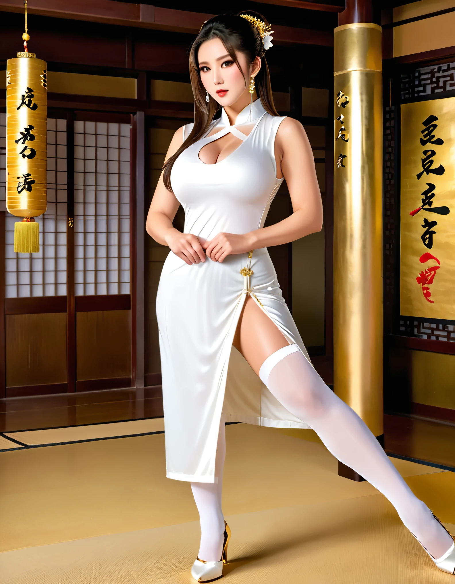 a realistic image of woman, large breasts, with long, dark hair tied back, wearing a white, high-collar, sleeveless cheongsam-style dress with deep plunging neckline and slit all the way up the side of the thigh both sides and gold accents. She is standing in a dojo doing a high side kick. The dojo has soft lighting and a background featuring an arena area of Japanese design. The woman is wearing white thigh-high stockings and has a composed and elegant expression. Her accessories include dangling gold earrings. Hyper realistic photo, vibrant colors, 16k