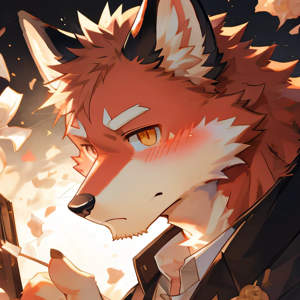 masterpiece,high quality,perfect anatomy,furry,anthro fox,white and red fur,male, niji5,brown pupils,bright eyes,blush,naked,detailed face,by kiyosan,close up face