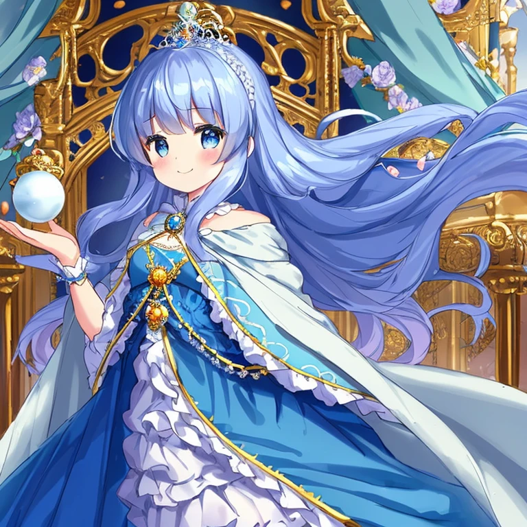 looking at viewer,(kawaii),(best quality),(ultra detailed), upper body,(rococo style),(long train blue cape:1.15), very long cape,(long train white ball gown with flower decorations:1.1), a girl is wearing a cape over her gown, 1 little princess, tiara, smile, very long hair, small breasts