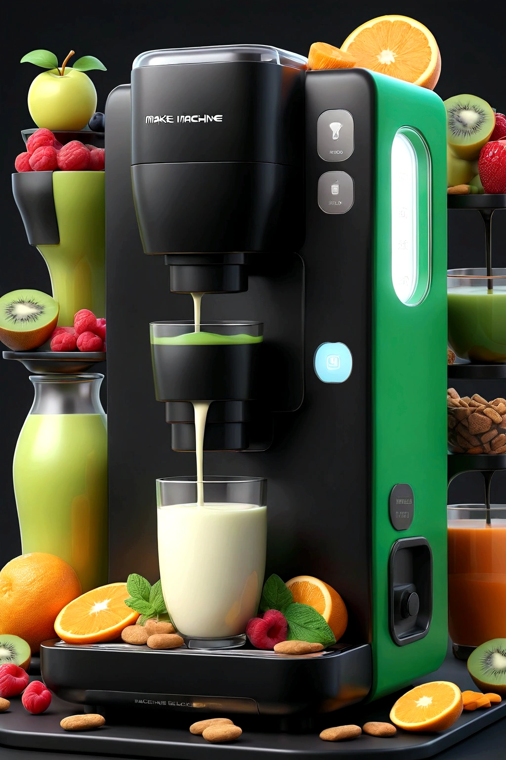 Make a machine black machine written "green corner", This machine has to have yogurt, natural juice, healthy snacks, Cereal bars. It has to be complete, big and in 3d
