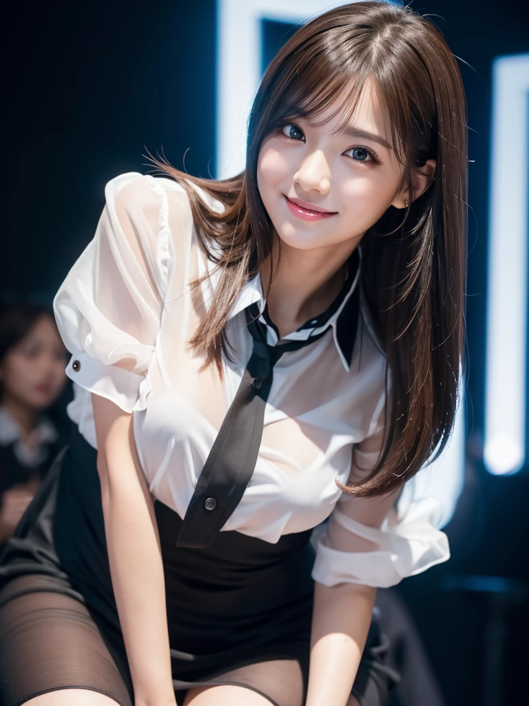 One girl、(RAW Photos), (Realistic), (masterpiece), (Highest quality), High resolution, 8K, (Intricate details), (Volumetric Light), Portraiture, woman, Age 35, Medium Hair, Straight hair, Medium Chest, Layered Hair, Brown Hair, Very beautiful eyes, Source order, Very thin eyebrows, Very fine skin, Very beautiful mouth, Very nice nose, Cute like an idol, smile, (Thick lips), (Looking at the audience), (See-through black collared dress shirt), Above the knee shot、Black background、Close-up of face