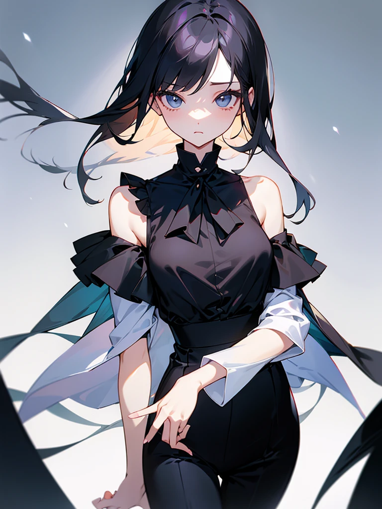 Slender beautiful girl、10th Generation、sleeveless Black blouse、Office、off shoulder、White LINE Design、pants style、