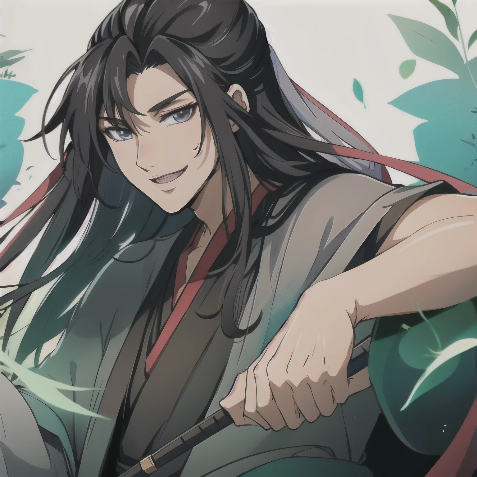 (masterpiece, best quality:1.2), 1male, solo, wei wuxian, mo dao zu shi, mdzs, black clothes, grey eyes, long black hair, perfect anatomy, smile