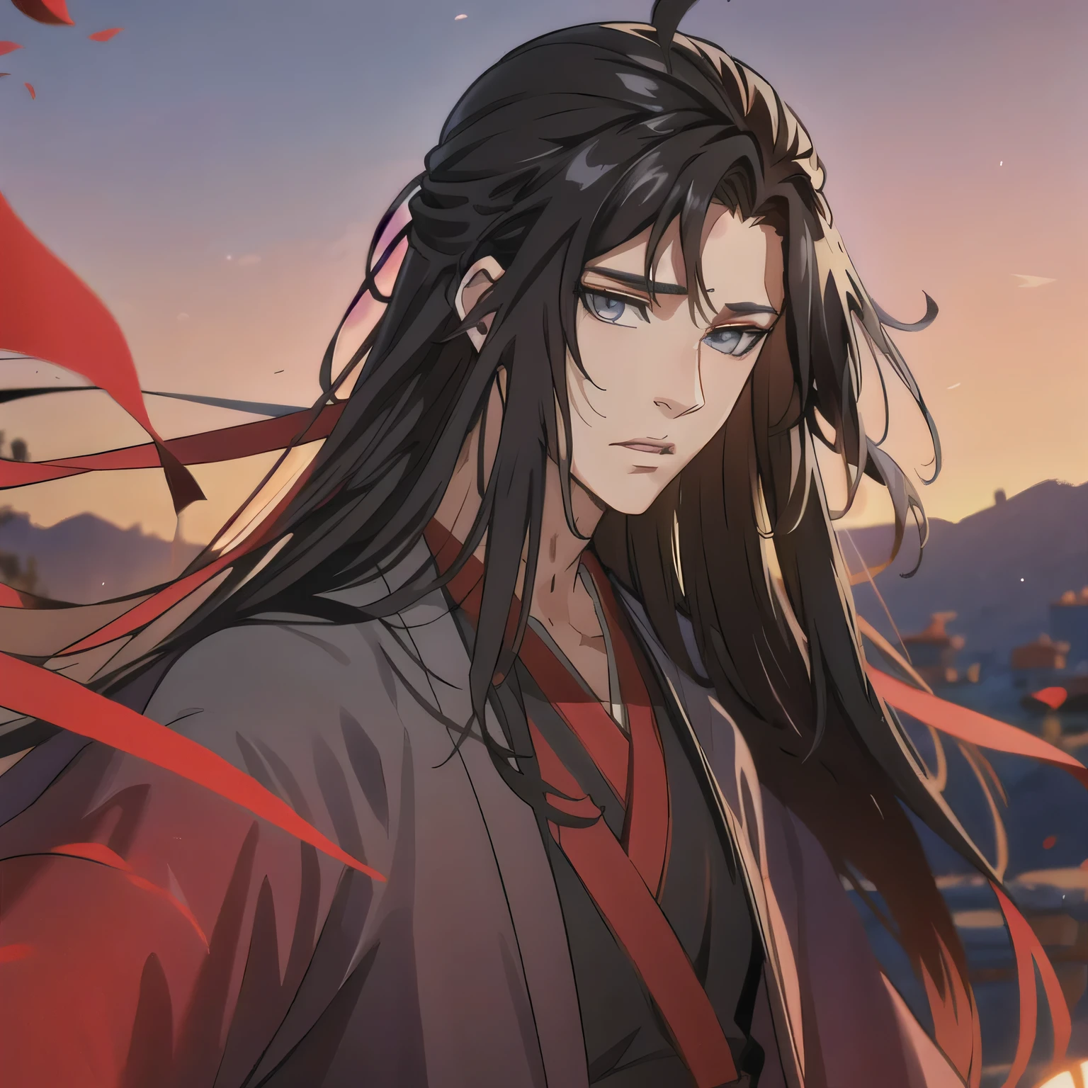 (masterpiece, best quality:1.2), 1male, solo, wei wuxian, mo dao zu shi, mdzs, black clothes, grey eyes, long black hair, perfect anatomy