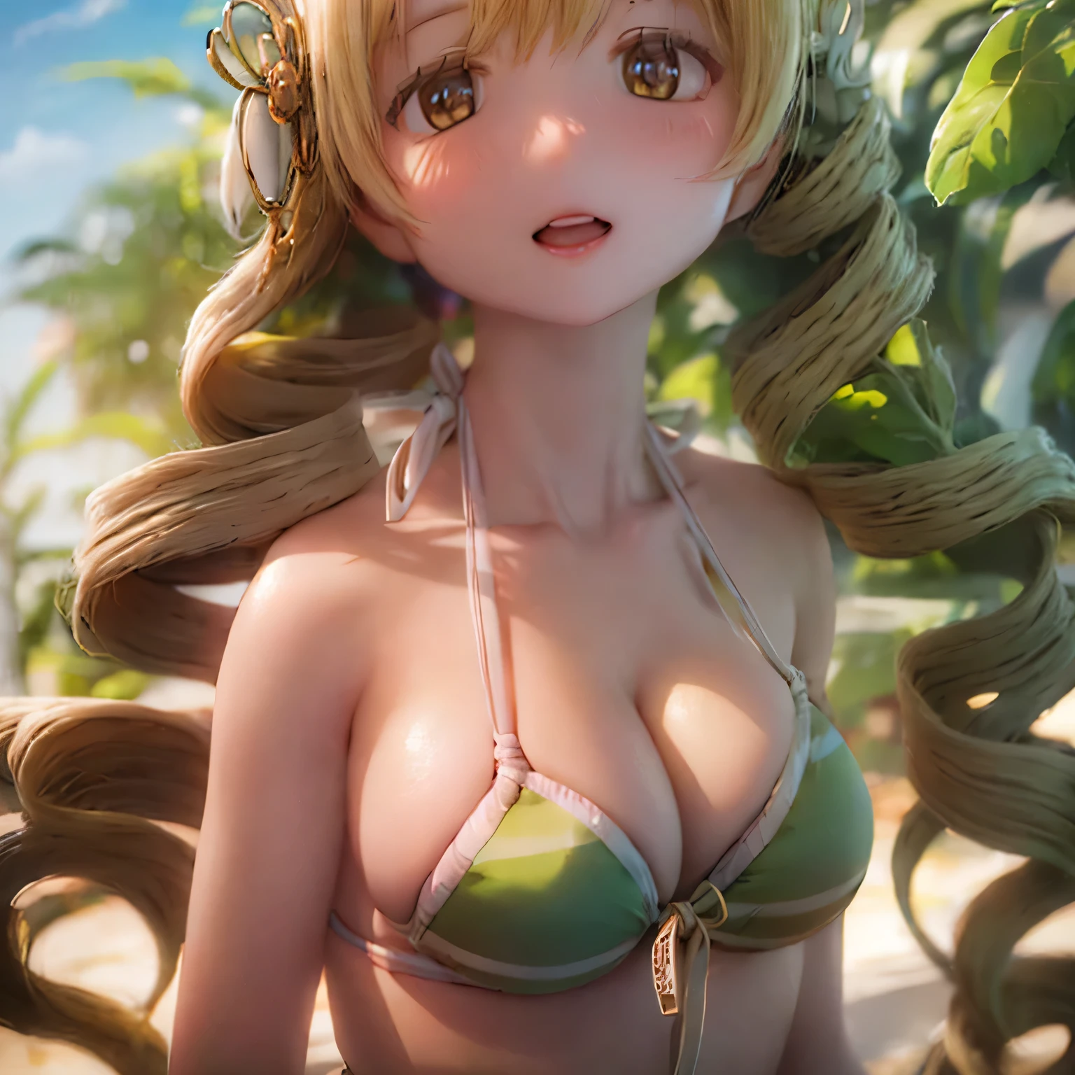 (hIgh qualIty, realIstIc), ((((((bikini)))))))I, vIbrant colors, tropIcal paradIse, beautIful detaIled eyes, long flowIng haIr, golden tan skIn, sparklIng ocean background, sun-kIssed glow, exotIc flowers, palm trees swayIng In the breeze,, Crystal clear water, refreshIng sea breeze, summer paradIse vIbes.　(((gIgantIc breast)))(((beautIful breasts)))