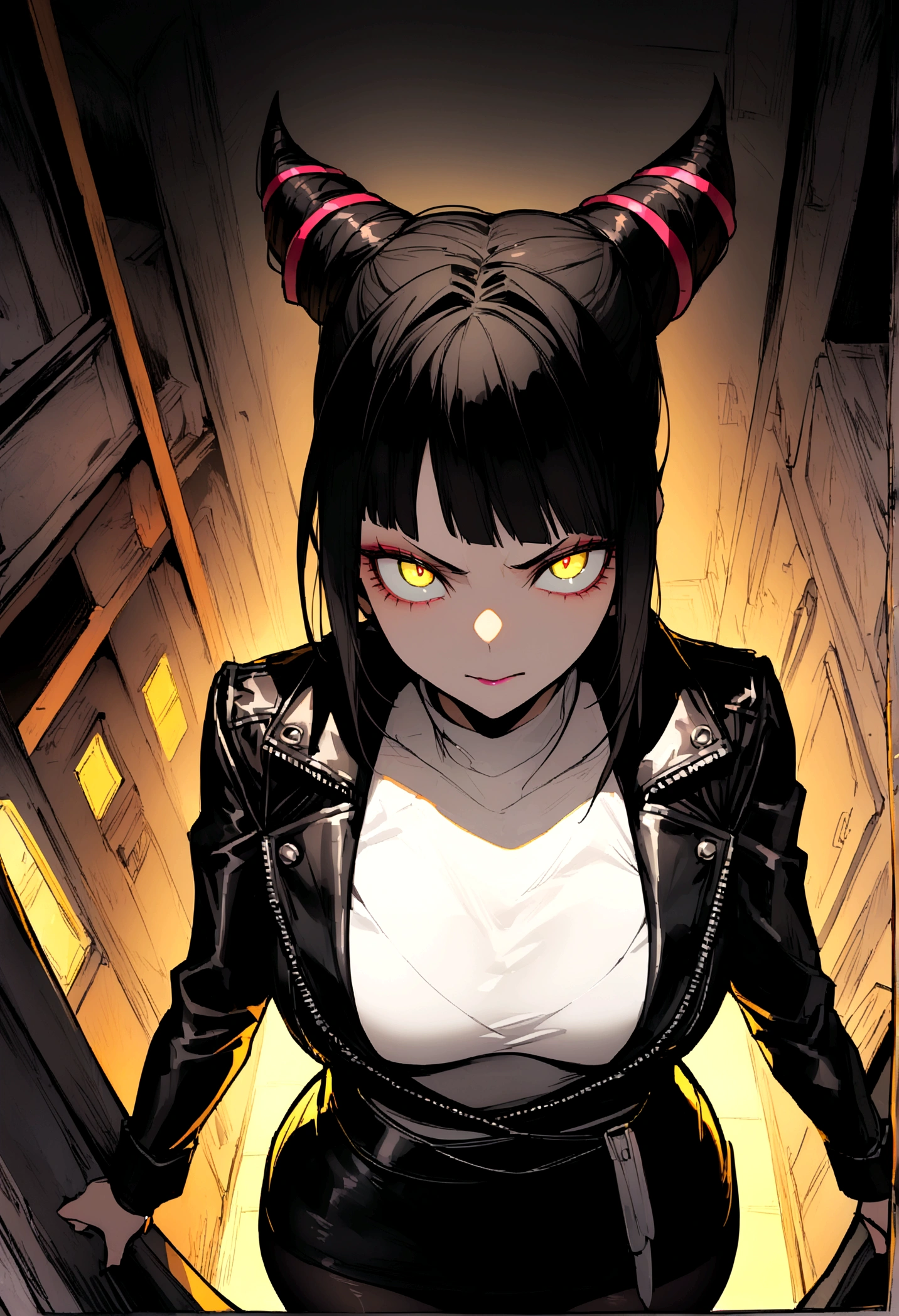 juri han,beautiful young warrior , with a very detailed and beautiful face, beautifuleyes, beautifuleyes, gorgeous face, beautiful young woman wearing long black leggings with black details, short mini skirt, usando leather jacket preta, Standing in an office, wearing black boots, horn hair, with black fringe, , evil smile ,white sweater with strap around, serious look,usando leather jacket preto, leather jacket,staring overhead,yellow lighting on the back