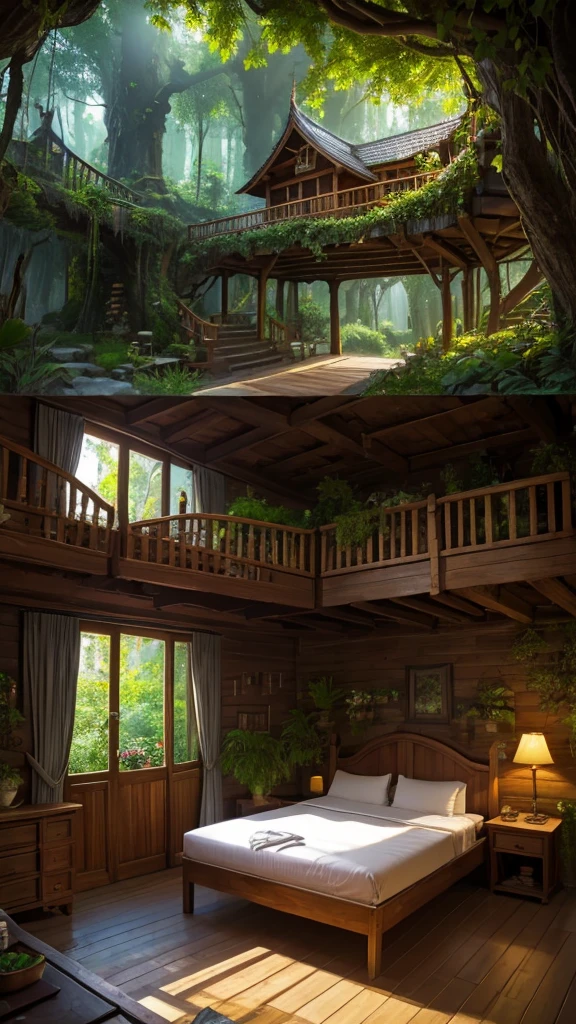 (masterpiece,Highest quality:8K) (masterpiece,Highest quality:8K)A spacious room with a bed and a balcony with a view.々A spacious bedroom, cozy treehouse bedroom, Quiet wooden mansion, Cottagecore!!, Cozy place, Cottagecore, Cottagecore hippie, Dreamy details, A soothing and comfortable landscape, room full of plants, Flower Jungle Tree House, Cozy rooms, Magical Environment, In the House of the Hobbit, Cozy and quiet atmosphere