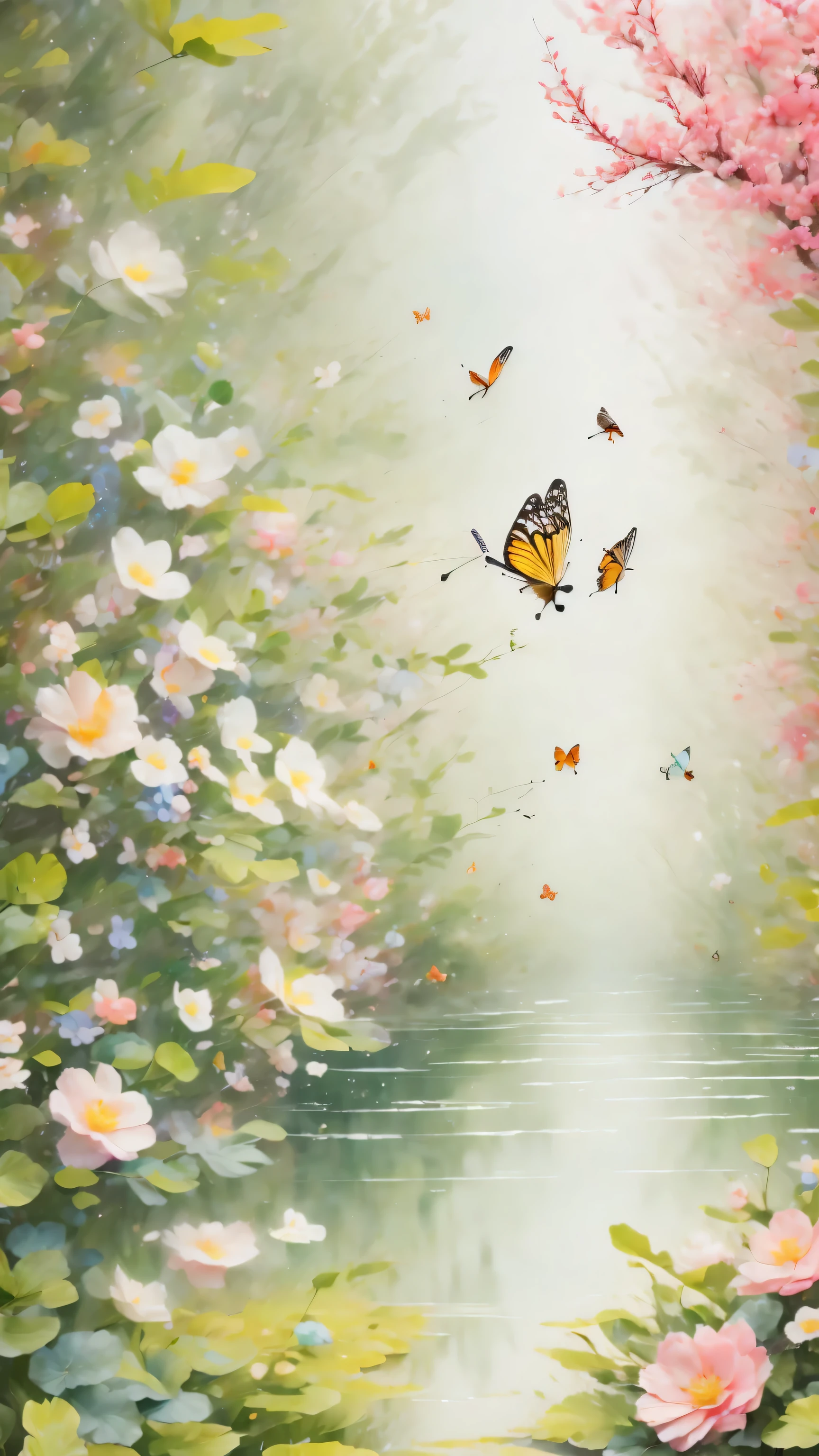 Spring in the forest,full of beautiful flowers, autumn, Soft colors and dreamy atmosphere, Butterflies fly, A bird drinking water.