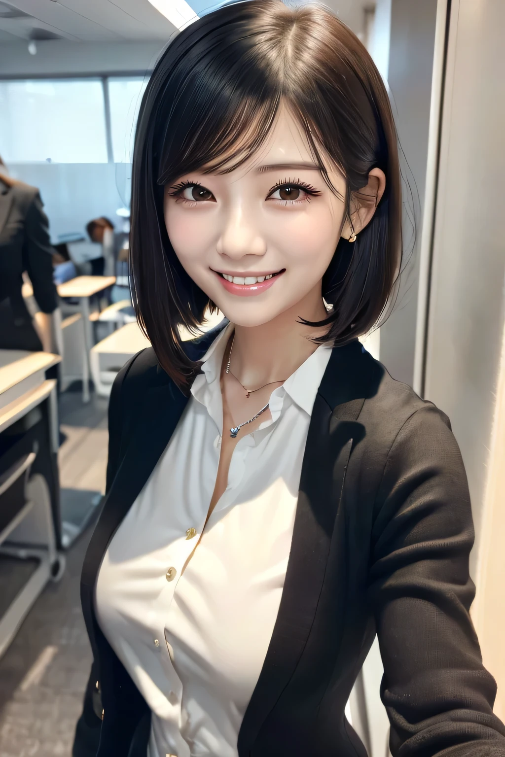 Beautiful young woman、 Black Hair、Necklace around the neck、Office Lady Suits、Jacket、Unbuttoned shirt、smile、Beautiful teeth alignment、short hair、Intricate details, Very detailed:1.2), 、 Looking into the camera,The background is the office、Necklace around the neck、Dark eyeliner、ear piercing
