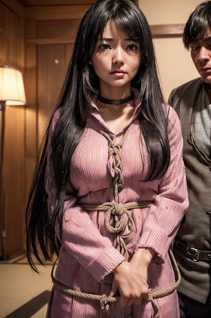 nsfw,(Highest quality:1.2), 32k HDR, High resolution,(Japanese women),((Black-haired woman)),((Pink Lips)),(20-year-old woman),(young woman),((Long Hair,Shaggy,Smooth Hair),Woman in a suit,A woman wearing a collar with a leash,clear,Woman being attacked by a man,Woman with a disgusted expression,Woman being pushed down,Embarrassed, moist eyes,Sad expression,Looking into the camera,Highly detailed eyes and face,Realistic Face Proportions, Stunning eye for detail,Realistic beautiful face,Very small face,Realistic small beautiful eyes, (((服の上からropeで縛られている:1.5))),(((Torn clothes:1,5))),((Woman being attacked by a man)),((A woman being forcibly held by a man)),((Women are reluctant)),((In a dimly lit room)),((Dim lighting)),((rope)),((The woman is crying)),((Woman wearing a collar)),((Lock)),((ropeで縛られた女性)),