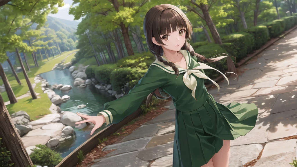 masterpiece, Highest quality, High resolution, aayoshino, Long Hair, Twin Blade, Brown eyes, Hair that falls over the shoulders, , Sailor collar, neckerchief, Green Shirt, One piece sailor shirt, Long sleeve, Green Skirt, Long skirt, Are standing, Cowboy Shot, Outdoor,
