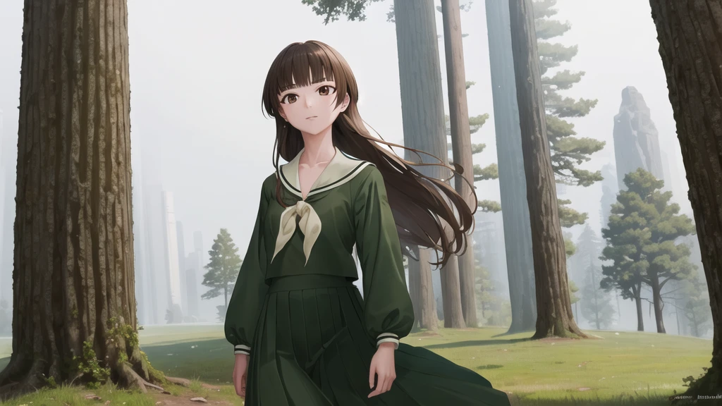 masterpiece, Highest quality, High resolution, aayoshino, Long Hair, Twin Blade, Brown eyes, Hair that falls over the shoulders, , Sailor collar, neckerchief, Green Shirt, One piece sailor shirt, Long sleeve, Green Skirt, Long skirt, Are standing, Cowboy Shot, Outdoor,