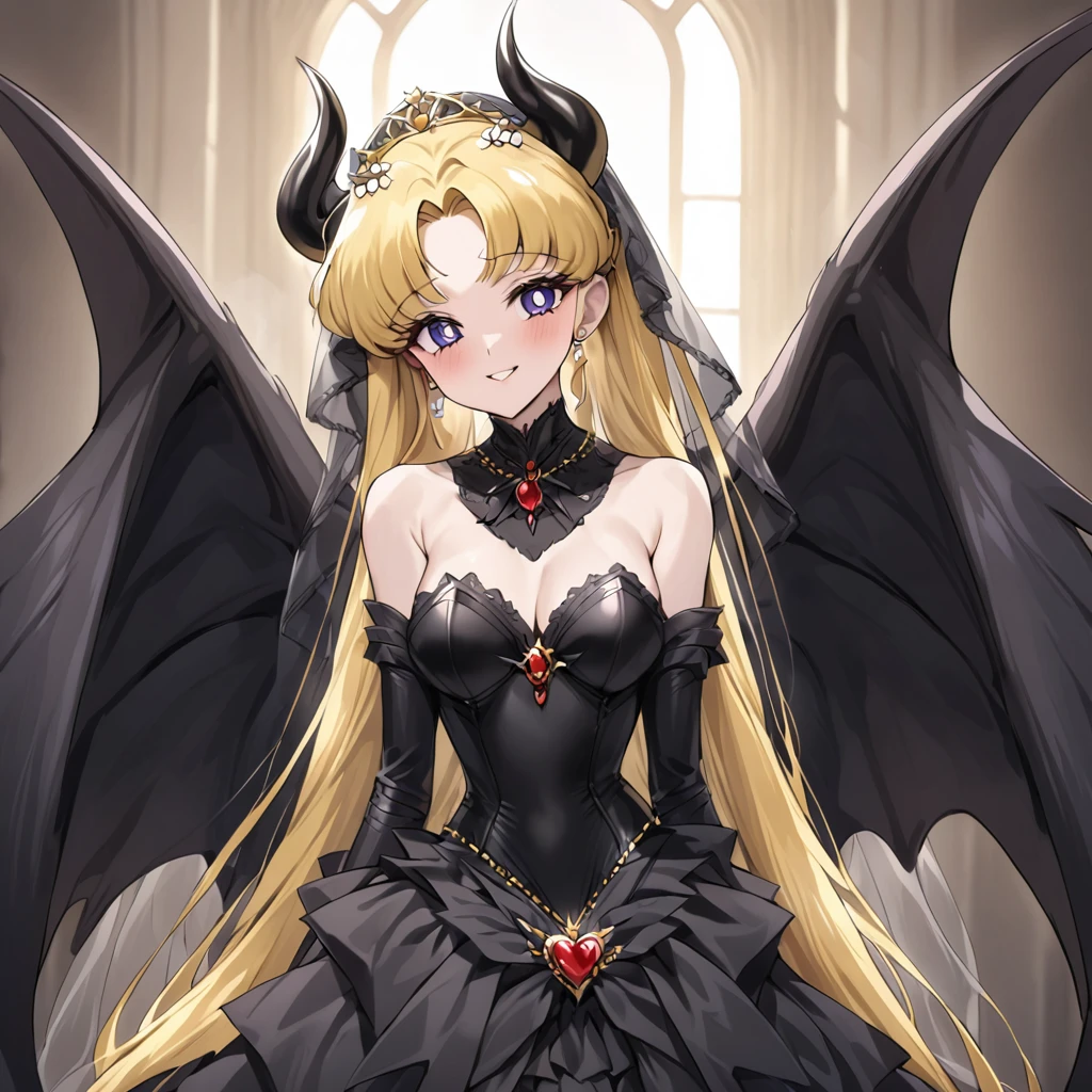 ((Highest quality)), ((masterpiece)), (detailed), (Perfect Face)、She is Princess Serenityで女は漆黒の肌のセクシーな女悪魔のプリンセスセレニティで威厳のある逞しい悪魔王と抱き合ってキスをしている、The woman is a jet-black female demon with magnificent devil horns, jet-black devil wings, and a jet-black tail. Her skin is jet-black, and she is a devil bride wearing a luxurious black gothic Victorian wedding dress and a black wedding veil. She is the jet-black demon Princess Serenity, and has blonde hair with a happy expression as she looks at the camera.2The expression of a girl in love with her long hair tied up、She is Princess Serenity