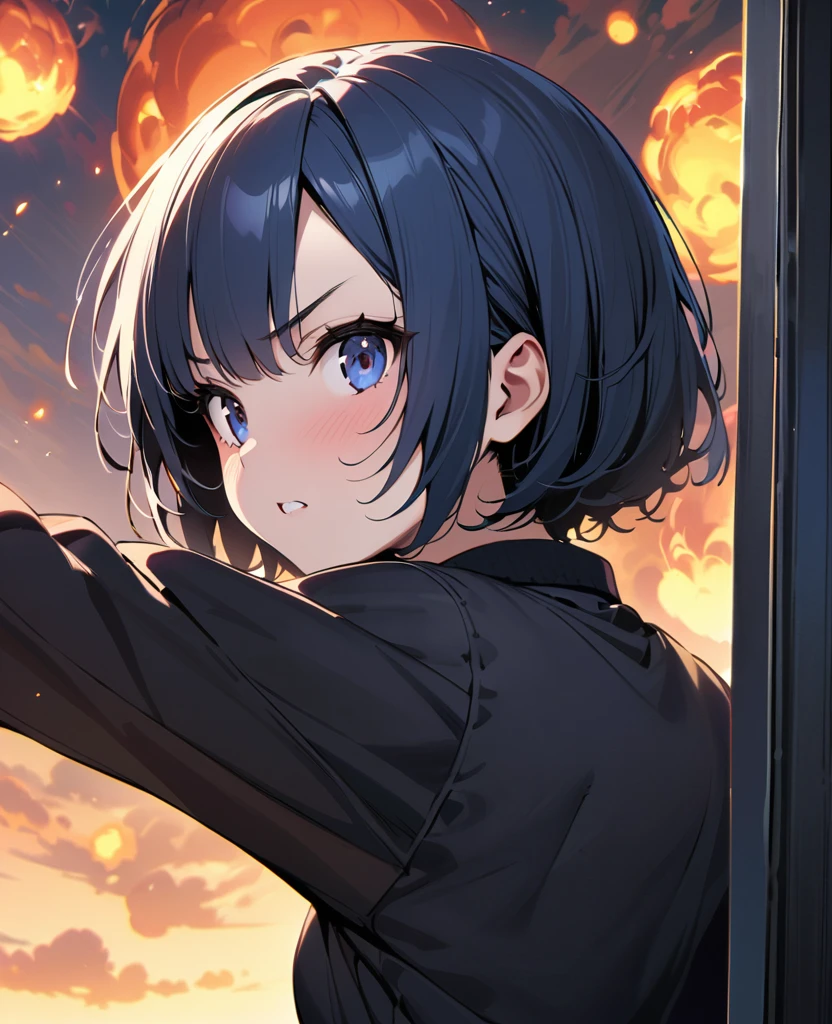 (best quality, masterpiece, ultra highres, ultra-detailed:1.2) ,girl opening the window,(A view of a huge fireball falling from the sky),Stunned,BREAK.(16yo,detailed face,(darkblue hair,wavy-short hair),parallel eyebrows,small breasts),backshot,