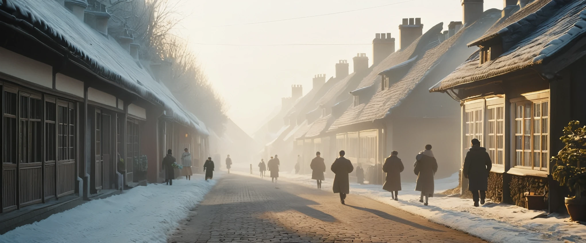 celebrate small year: Say goodbye to old friends, welcome new things" Opening scene: (Soft music playing, The scene gradually unfolds, Show the cold winter days，Thick smoke rising from village chimneys. people, Wrapped in a thick winter coat, Walk through busy streets.)