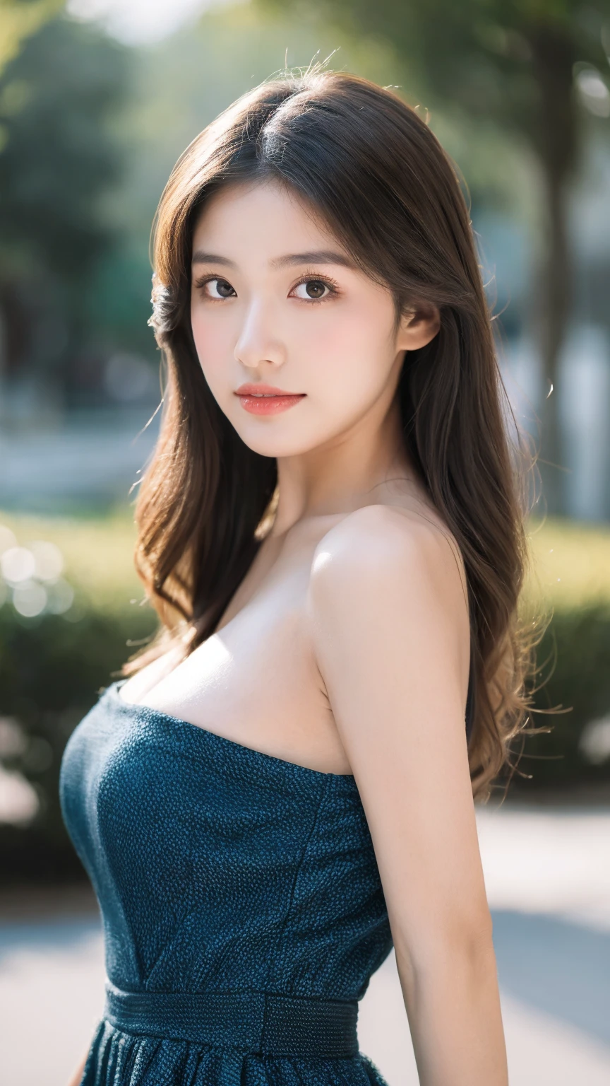 ((Best quality, 8K, masterpiece:1.3)),1girl,18 years old,Asian,Real texture:1.3,(Background blur:1.1),Gorgeous long dress,Tall and slender figure:1.2,(Hot summer weather),(street:1.3),Highly detailed face and skin textures,Exquisite eyes,Long eyelashes,Double eyelids,Skin Whitening,happy,Various postures,Big breasts