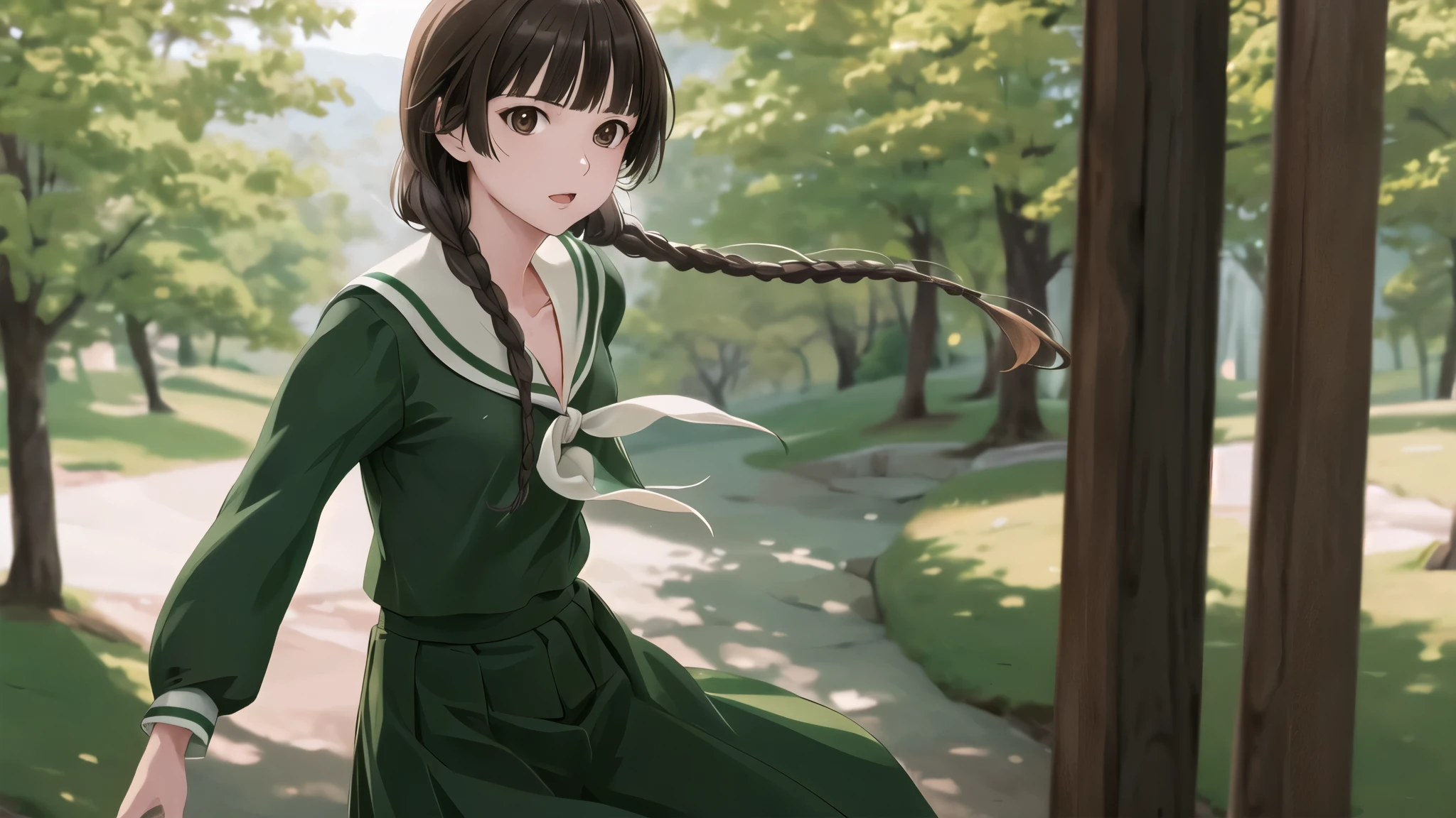 masterpiece, Highest quality, High resolution, aayoshino, Long Hair, Twin Blade, Brown eyes, Hair that falls over the shoulders, , Sailor collar, neckerchief, Green Shirt, One piece sailor shirt, Long sleeve, Green Skirt, Long skirt, Are standing, Cowboy Shot, Outdoor,