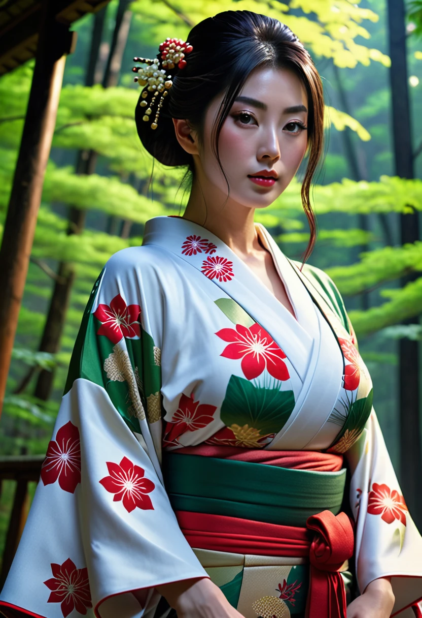 Beautiful woman、Japanese tradition、(Very large breasts)、kimono、Spectacular views、Suspicious atmosphere、Cinematic atmosphere、(best quality,4K,8K,highres,masterpiece:1.2),ultra-detailed,(realistic,photorealistic,photo-realistic:1.37)、Dim lighting、whole body、forest、forest、Dim lighting、(looking at viewer),Realistic、Like live action、Cinematic film