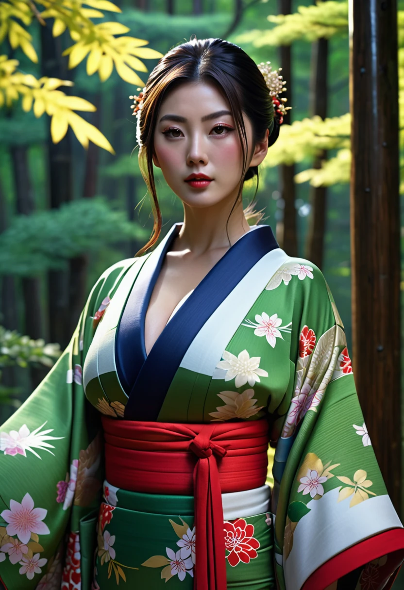 Beautiful woman、Japanese tradition、(Very large breasts)、kimono、Spectacular views、Suspicious atmosphere、Cinematic atmosphere、(best quality,4K,8K,highres,masterpiece:1.2),ultra-detailed,(realistic,photorealistic,photo-realistic:1.37)、Dim lighting、whole body、forest、forest、Dim lighting、(looking at viewer),Realistic、Like live action、Cinematic film