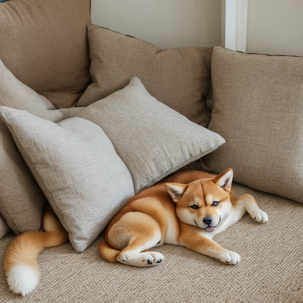 Nap time: A scene of a Shiba Inu taking a nap in the living room at home。Curl up on your favorite cushion、The way he sleeps with a calm expression is adorable.。