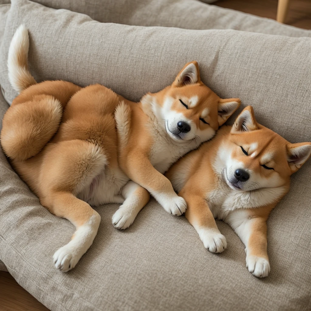 Nap time: A scene of a Shiba Inu taking a nap in the living room at home。Curl up on your favorite cushion、The way he sleeps with a calm expression is adorable.。