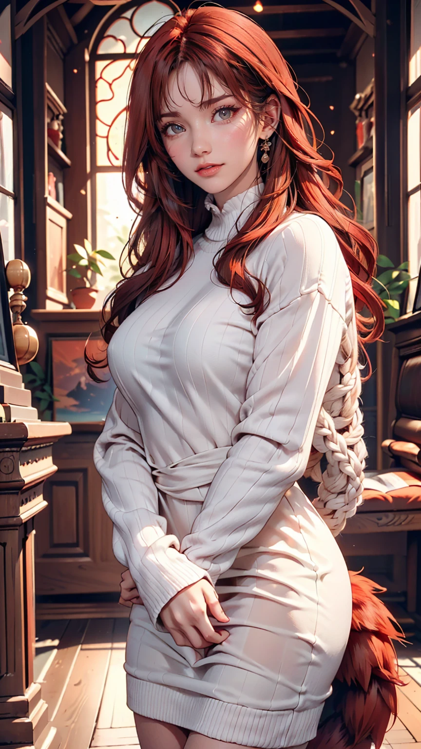 24 year old Caucasian female、Red hair、Inner Color((colored inner hair))、Triple tail((tri tails))、Gradient color hairstyle ((gradient hair))、Long eyelashes((longeyelashes))、Long knit dress(knit dress)((Covers up to the wrist))wear、Being in a museum