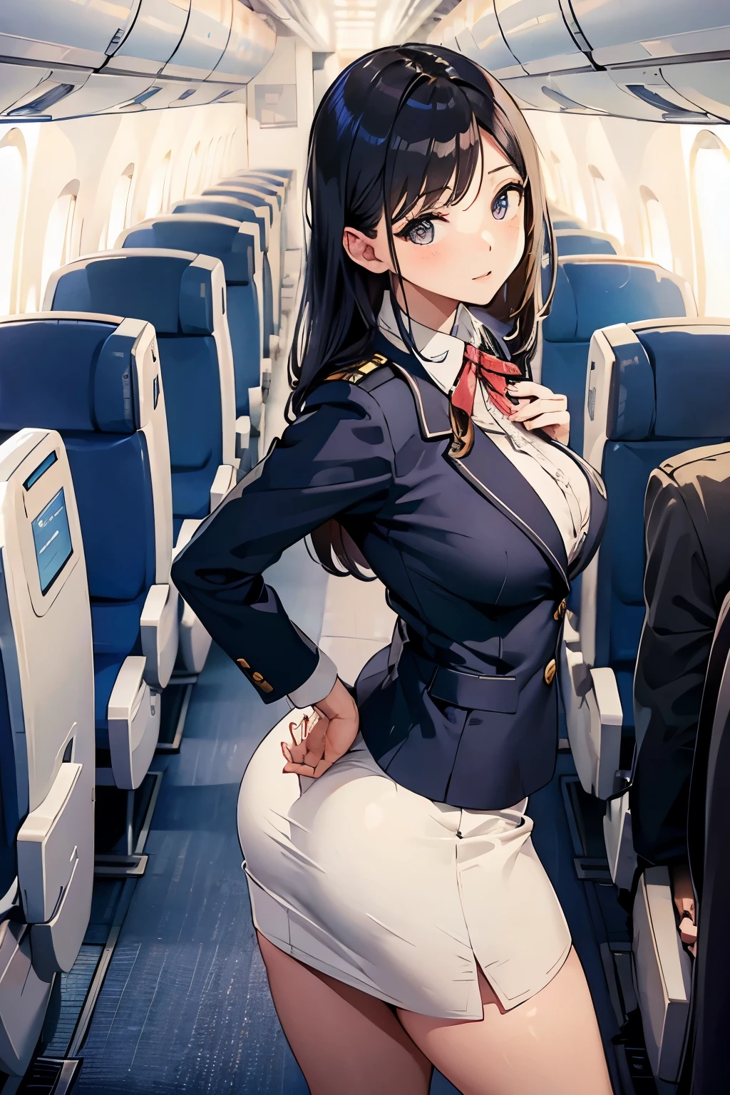 Inside the plane、Beauty、stewardess、Beautiful buttocks、Adorable expression、skirt、Hands in front