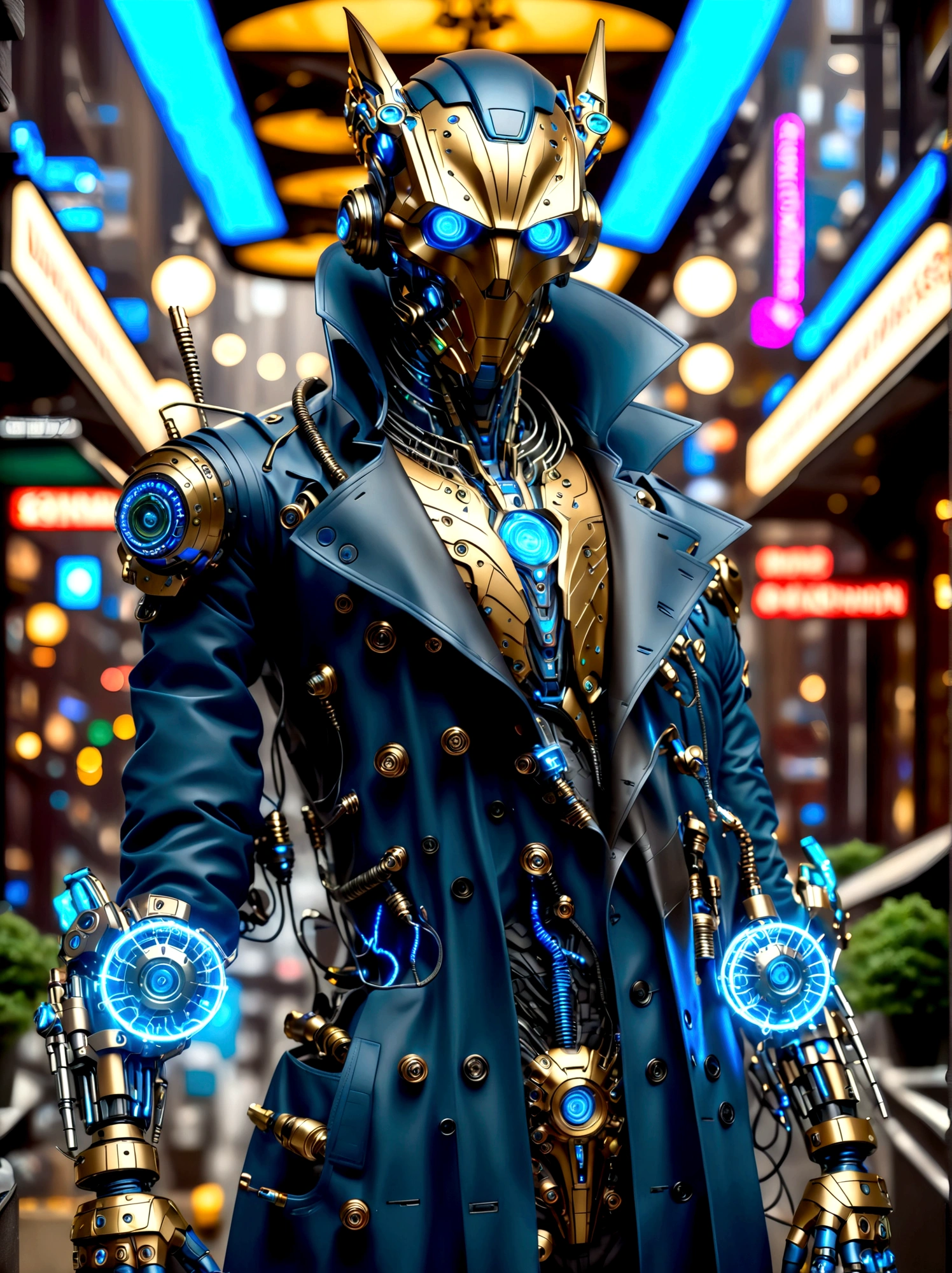 (best quality, 8k,highres,masterpiece:1.2), ultra-detailed, (realistic, photorealistic), Detective Gadget in a sleek black trench coat, standing confidently, showcasing advanced futuristic gadgets, electric blue accents on his gadgets, mechanical arms extending from his coat, sharp and determined eyes, futuristic cityscape in background, bokeh, studio lighting, sharp focus