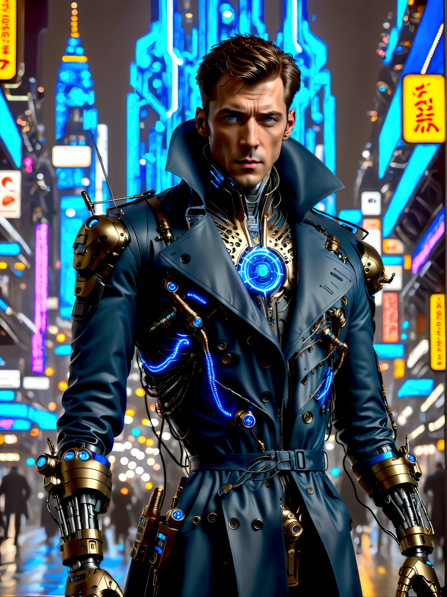 (best quality, 8k,highres,masterpiece:1.2), ultra-detailed, (realistic, photorealistic), Detective Gadget in a sleek black trench coat, standing confidently, showcasing advanced futuristic gadgets, electric blue accents on his gadgets, mechanical arms extending from his coat, sharp and determined eyes, futuristic cityscape in background, bokeh, studio lighting, sharp focus