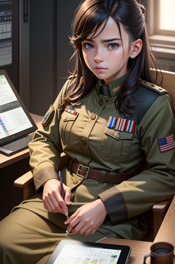 A serious-faced military girl sitting with a tablet, detailed military uniform, realistic military equipment, hyperrealistic, highly detailed, intricate, 4k, 8k, ultra-detailed, photorealistic, studio lighting, physically-based rendering, sharp focus, extreme detail description, professional, vivid colors, digital art, concept art