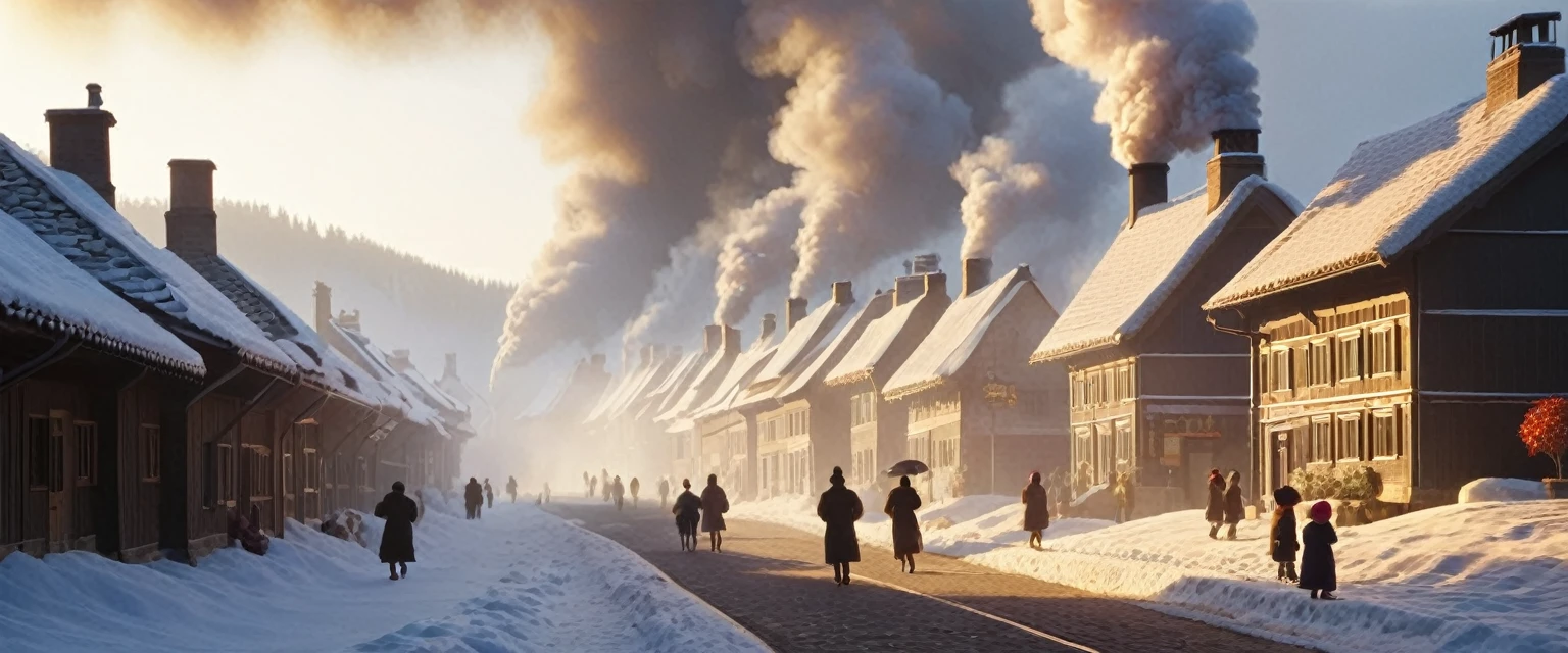celebrate small year: Say goodbye to old friends, welcome new things" Opening scene: (Soft music playing, The scene gradually unfolds, Show the cold winter days,Thick smoke rising from village chimneys. people, Wrapped in a thick winter coat, Walk through busy streets.)