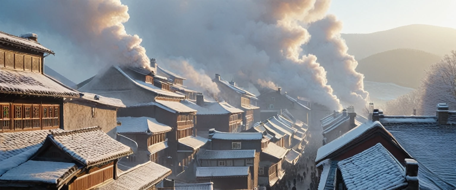celebrate small year: Say goodbye to old friends, welcome new things" Opening scene: (Soft music playing, The scene gradually unfolds, Show the cold winter days,Thick smoke rising from village chimneys. people, Wrapped in a thick winter coat, Walk through busy streets.)