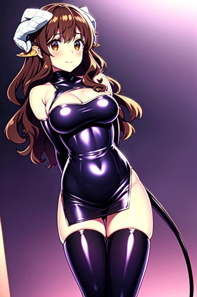 1girl,solo,cowboy shot,standing,(brown hair:1.4),long hair,ahoge,hairs between eyes,curly hair,(brown eyes:1.4),(beautiful fingers:1.4),(perfect anatomy:1.4),(arms_behind_back:1.6),(cold_shoulder:1.2),(shiny_clothes:1.6),masterpiece,best quality,(Ultra high definition eyes:1.2),8k,(Beautiful detailed eyes:1.2),(Fine and beautiful eyes:1.2),(pretty eyes:1.2),finely detail,extremely CG, absurdres,high resolution,illustration,Detailed and beautiful outlines,finely detail,high resolution,(colorful refraction:1.4,Increase saturation:1.2),beautiful lighting,dynamic lighting,closed room,black background,simple background, smile,looking at viewer,shamiko,(curled horns:1.6),(demon tail:1.2),(white Clear PVC sheets sleeves:1.4),(sheer sleeves:1.4),(see-through sleeves:1.4),(wide sleeves:1.2),(purple thigh boots:1.2),(latex luster shiny glossy:1.4)