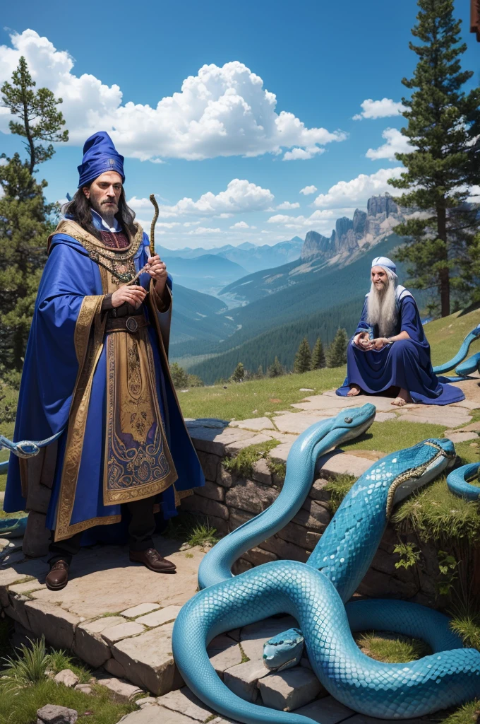 A wizard on a magic carpet and a snake on a mountain
