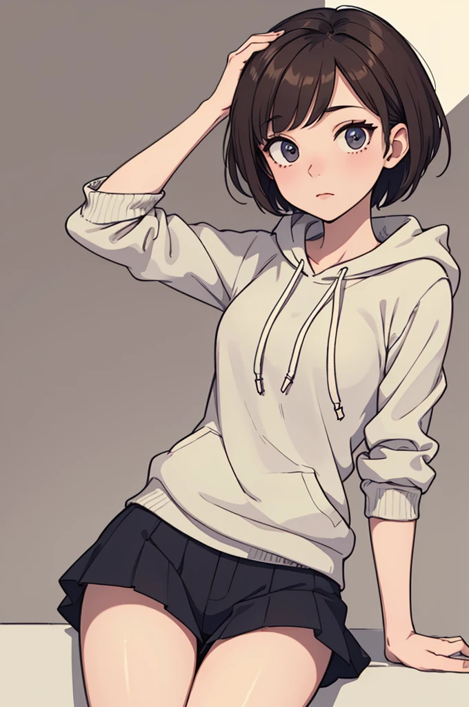 (((masterpiece, best quality, ultra highres, 1 girl, solo, no background))), super detailed skin and face and eyes and finger, beautiful japanese woman, small breasts:1.5, skinny, light brown hair, white background, very short pixie hair, (an illustration of girl), Knee shot, Generate with illustrations, Various expressions, Various poses, Please draw the entire character within the frame, ensuring that the head, arms, and legs are not cut off. The background should be simple, with the character positioned centrally, outline, anime, hoodie,