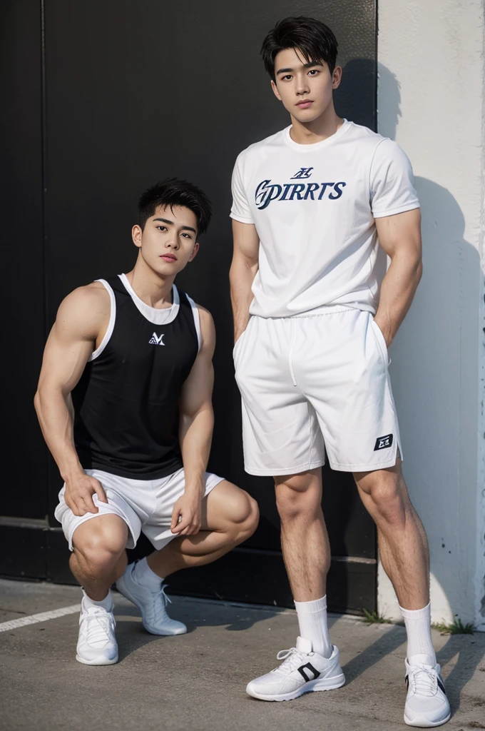 2 Young，handsome，Have muscles，hairy，sports sneakers，white socks，white sports shorts（Detailed eyes：1.3），black eyes，full body，