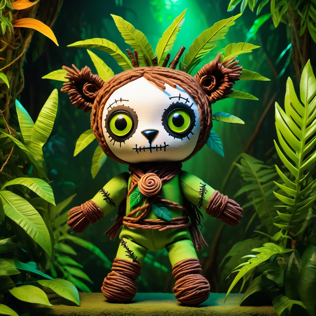 (knitted toy voodoo doll:1.8), (Voodoo Lemur:1.2), (Jungle Explorer:1.3), (Clothing: explorer’s outfit with jungle motifs:1.0), (Accessories: enchanted map emitting green light, levitating jungle vines:1.1), (background: dense jungle with floating leaves, glowing flora, and spectral monkeys:1.2), best quality, masterpiece, detailed soft oil painting, detailed background, dramatic cinematic lighting, soft edge lighting, professional, dramatic lighting, hard edge lighting, ultra quality, 4k,masterpiece, best quality, 8k, ultra highres, highres, extremely detailed