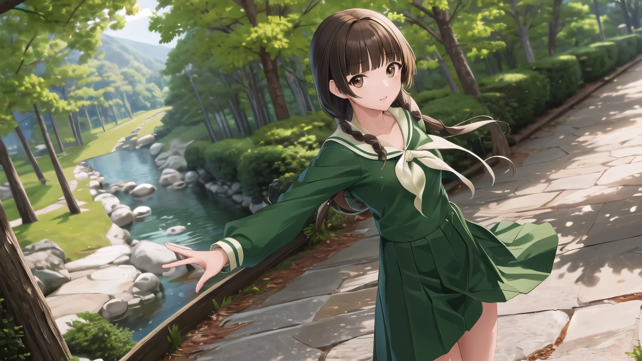 masterpiece, Highest quality, High resolution, aayoshino, Long Hair, Twin Blade, Brown eyes, Hair that falls over the shoulders, , Sailor collar, neckerchief, Green Shirt, One piece sailor shirt, Long sleeve, Green Skirt, Long skirt, Are standing, Cowboy Shot, Outdoor,