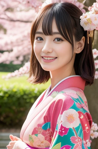 realisitic、8K UHD、hight resolution、(1girl in:1.2)、The ultra-detailliert、High quality textures、intricate detailes、detaileds、Very detailed CG、High quality shadows, A dark-haired、Kyo-Yuzen、colourful Kimono、park background, sakura flower falling down、(Super cute face in idol style:1.4)、slim and beautiful figure、beutiful breast、A smile、full body Esbian:1.2、colourfull、Vivid, looking back, a beautiful Japan woman in kimono, japanaese girl,