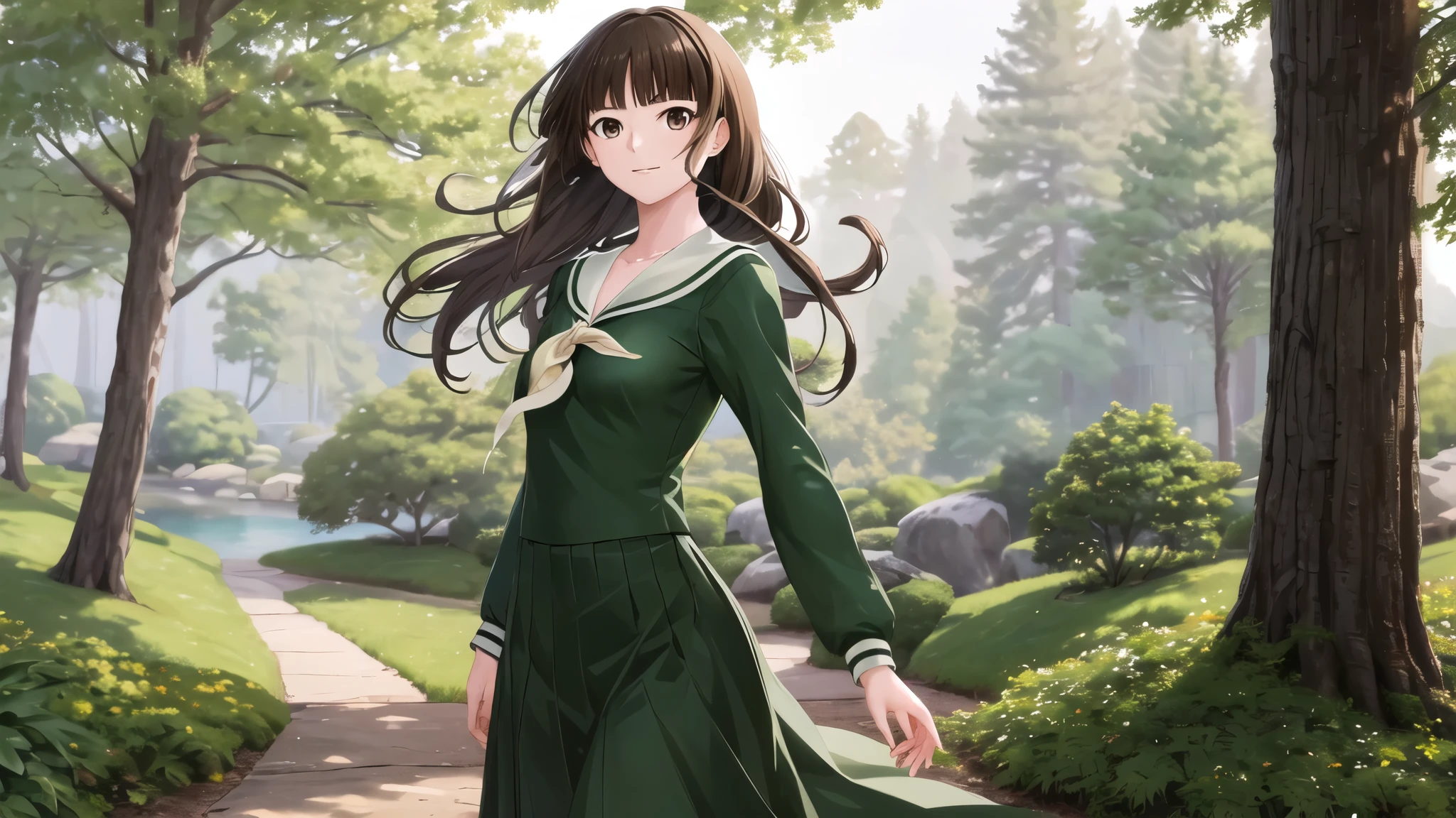 masterpiece, Highest quality, High resolution, aayoshino, Long Hair, Twin Blade, Brown eyes, Hair that falls over the shoulders, , Sailor collar, neckerchief, Green Shirt, One piece sailor shirt, Long sleeve, Green Skirt, Long skirt, Are standing, Cowboy Shot, Outdoor,