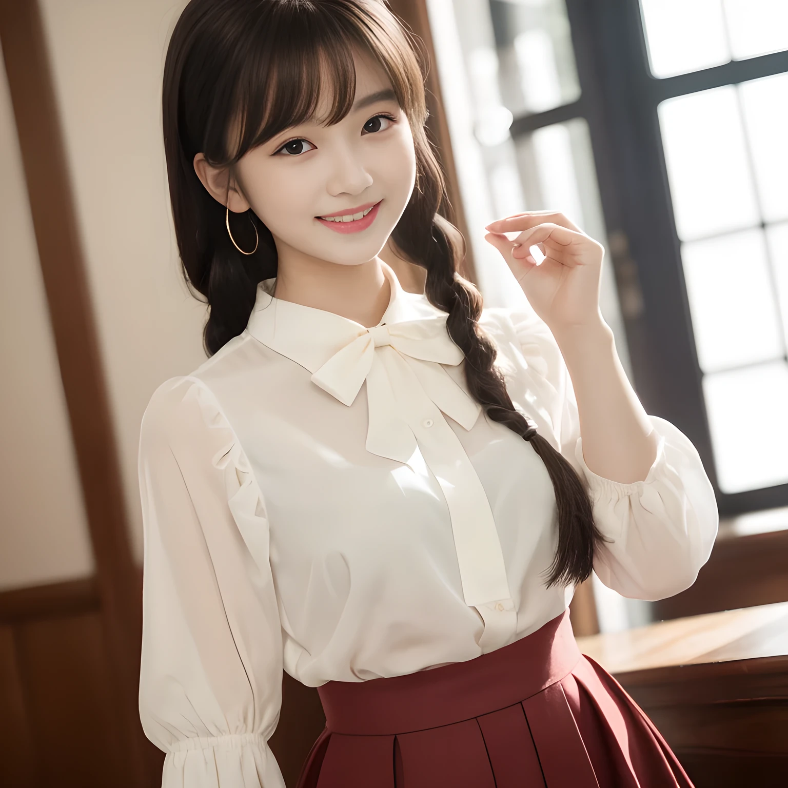 (highest quality, masterpiece:1.2), highest quality, High resolution, 1080P, 8K, Height: 158cm, ((A very intelligent, very noble, pretty and neat Japanese beautiful girl fashion model. 16 years old. Looking at the audience. Realistic fashion model)), ((((White face with plump cheeks)))), Glossy lips, (Evenly cut bangs), ((Very beautiful dark eyes)), The very large, shiny, wide red ribbon bow-tie on her chest is very cute., ((Black Hair)), ((long twin braids)), (((Cream colored blouse))), A neat uniform, Very lustrous, glossy lips, Open hand over open mouth, Beautiful hair like a hair model, Cream colored long skirt, Watching the viewer and laughing, ((Incredibly well organized, The expression is rich. plump and beautiful skin and face)), ((Pure and clear eyes)), Long eyelashes, ((laughing at me!)), A ruffled blouse will highlight the shadows., Glossy Lips, Cram school poster