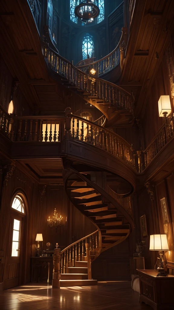 (masterpiece,Highest quality:8K) Close-up of a living room with a spiral staircase, Magical Environment, Quiet wooden mansion, 8k highly detailed ❤️‍🔥 🔥 💀 🤖 🚀, Cozy place, Magical realism style, Dreamy details, Beautiful house on a forest path, Magical colors and atmosphere, Inside her surreal VR castle, Perfectly designed and optimized, Magical colors and atmosphere